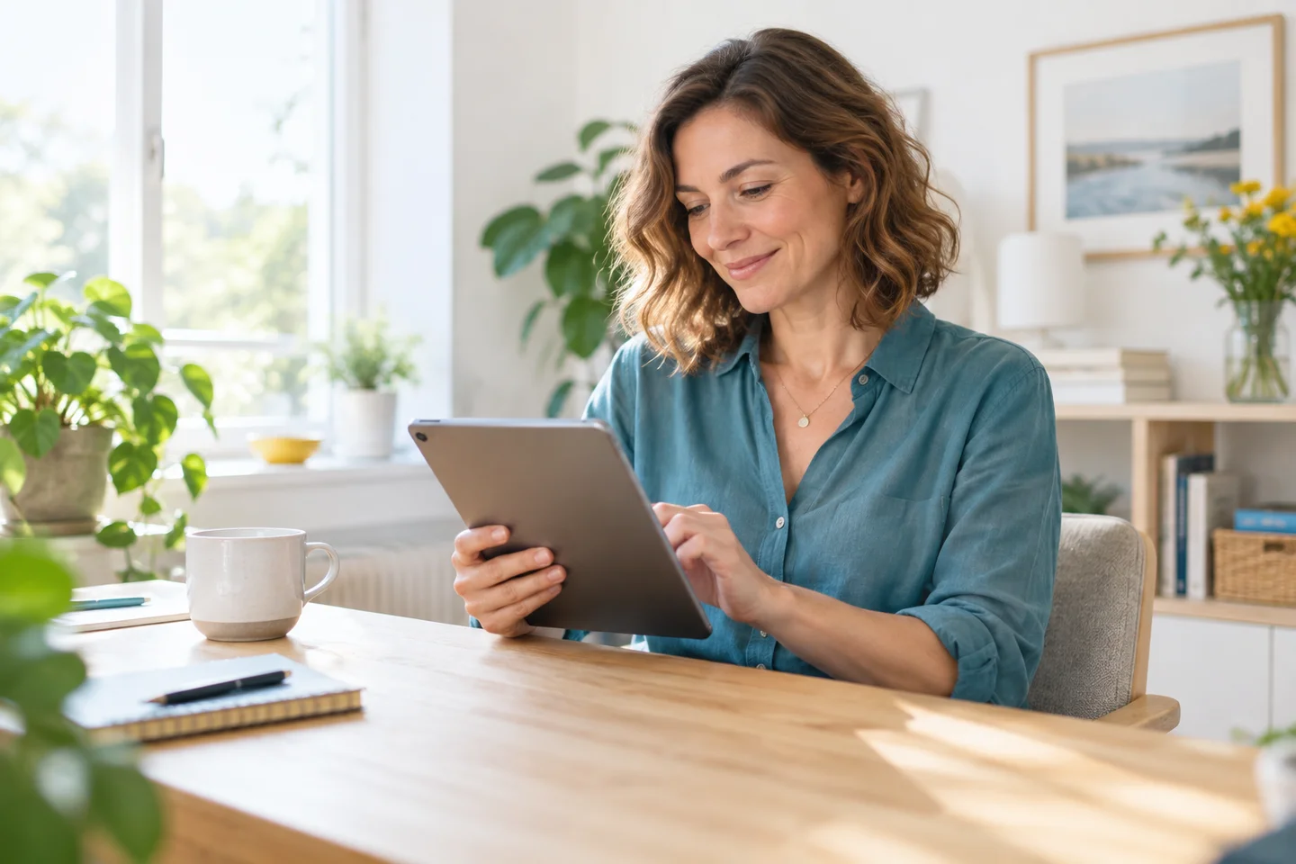Eine Frau liest entspannt eine Nachricht auf ihrem Tablet – KI-generiertes Symbolbild